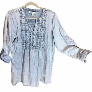 Tantrums Chambray Smocked Bib Blouse Roll Tab Sleeves XXL boho western classic